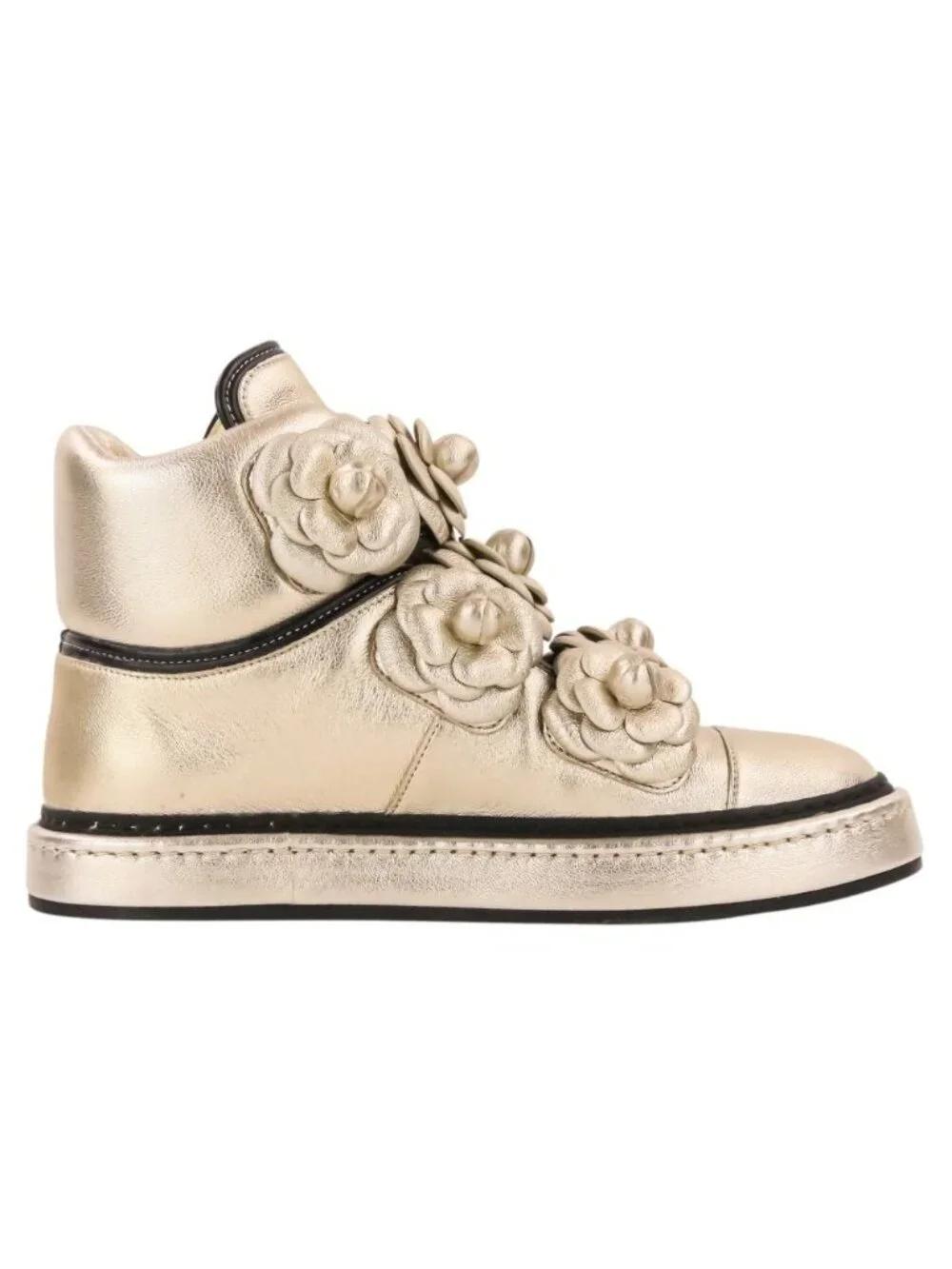 Chanel Camellia Faux Pearl CC Logo High Top Sneakers Gold Colored